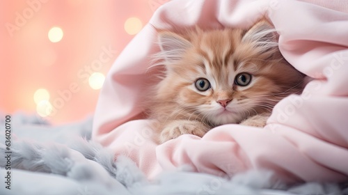  a small kitten is peeking out from under a pink blanket. generative ai