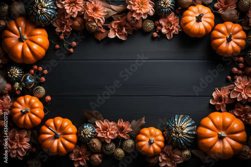 Halloween pumpkins on wooden table high angle view copy space for text. Halloween background concept. Autumnal background