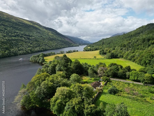 Aerial view of Loch Oich in the Highlands of Scotland, surrounded by verdant green hills photo