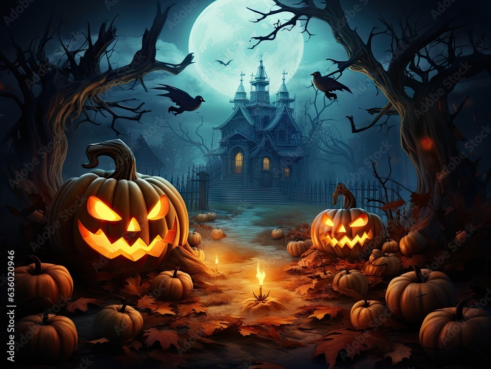 A group of pumpkins with carved faces sit in a dark forest, lit up by candles.