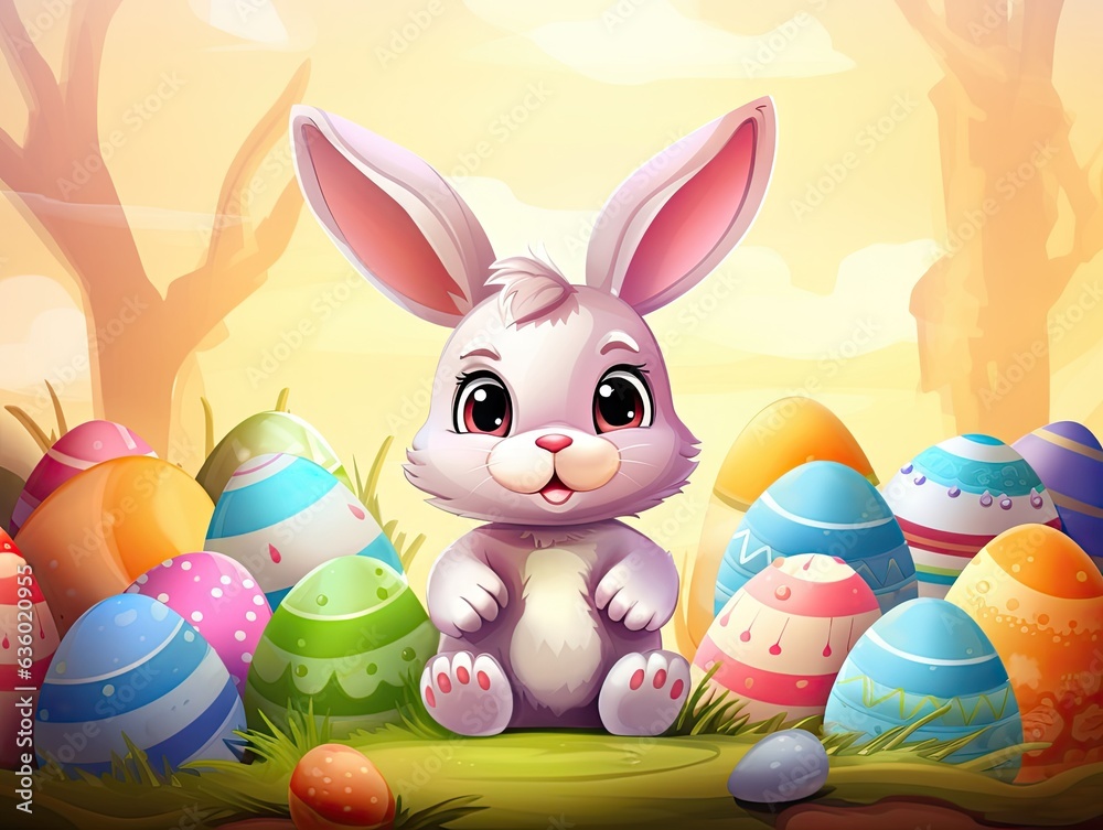 White rabbit sitting on top of a pile of colorful Easter eggs. White rabbit sitting on top of a pile of colorful Easter eggs.