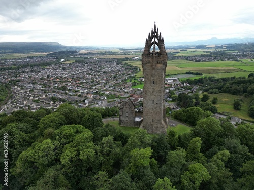 Aerial shot of the historic National Wallace Monument in Stirling, Scotland photo