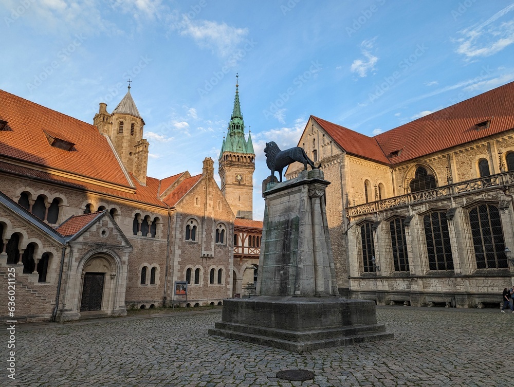 Scenic view of the Burgplatz square in Braunschweig, Germany with the historic Braunschweiger Lowe