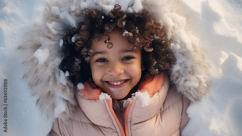 Top view shot of a black mixed race girl laying down and playing in a pile of snow winter snowy season white christmas Top view shot of a black mixed race girl laying down and playing in a pile of snow winter snowy season white christmas