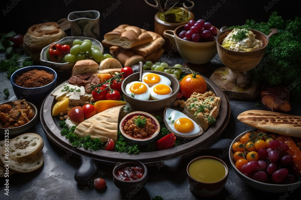 a closeup of a Middle Eastern breakfast, AI generated, Generative AI, AI Art, illustration,