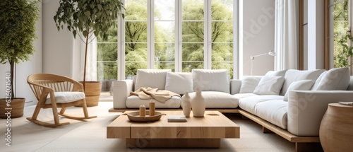 Modern living room interior design with sofa  coffee table and plants. 