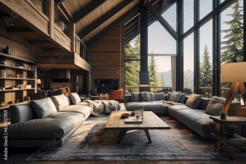 cozy living room with mountain view in the background.