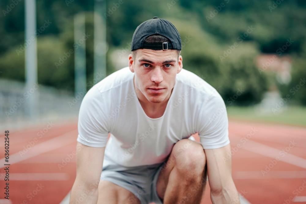 Fit, active man stands on a marked start line, ready to begin a run Fit, active man stands on a marked start line, ready to begin a run