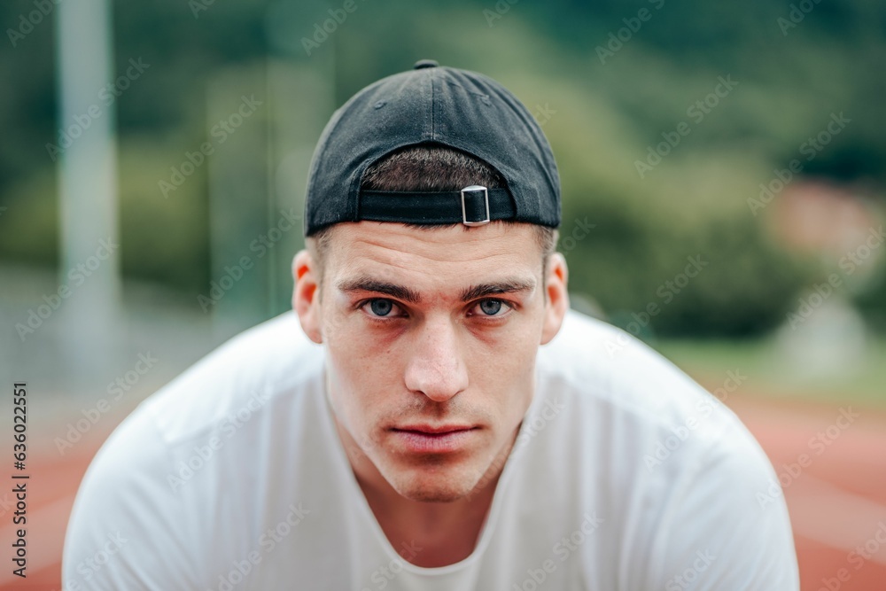 Fit, active man stands on a marked start line, ready to begin a run Fit, active man stands on a marked start line, ready to begin a run