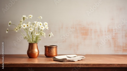  a wooden table topped with two vases filled with white flowers.  generative ai