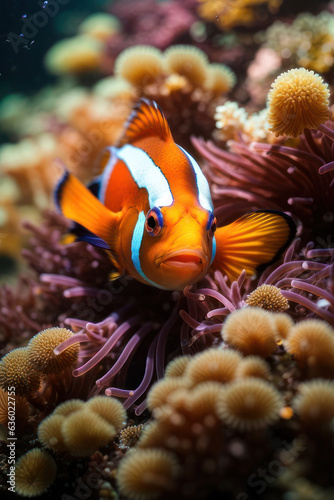 An underwater close-up of a colorful clownfish nestled among the tentacles of a sea anemone, showcasing their symbiotic relationship and stunning