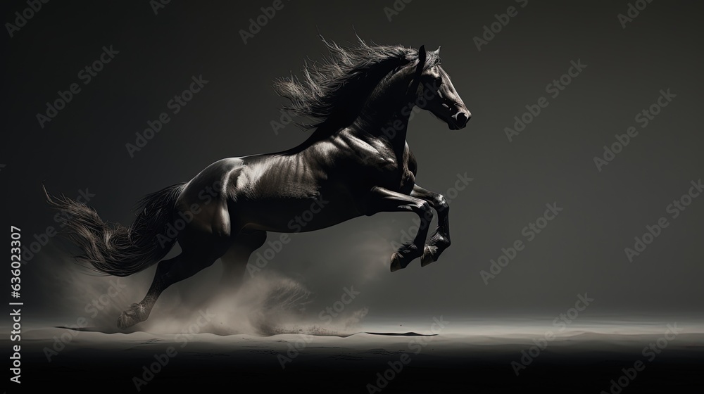 Naklejka Fast galloping black and white horse casting shadow while art minimalist. silhouette concept