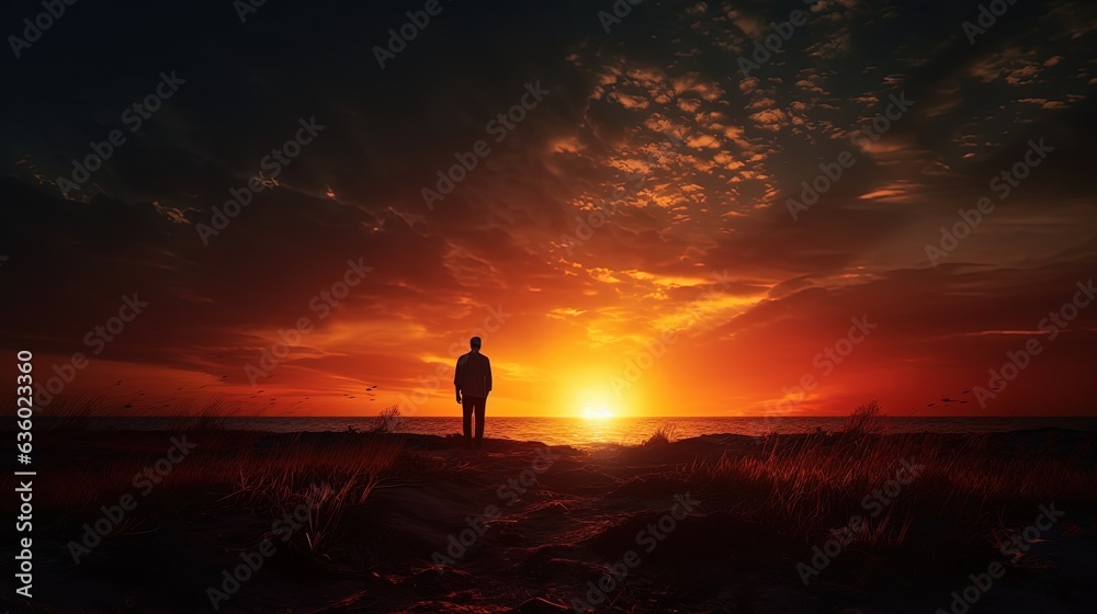 Lonely man in sunset s silhouette