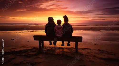 Tourism and summer holidays in northern France children on a beach bench vibrant sky tones with shadows. silhouette concept