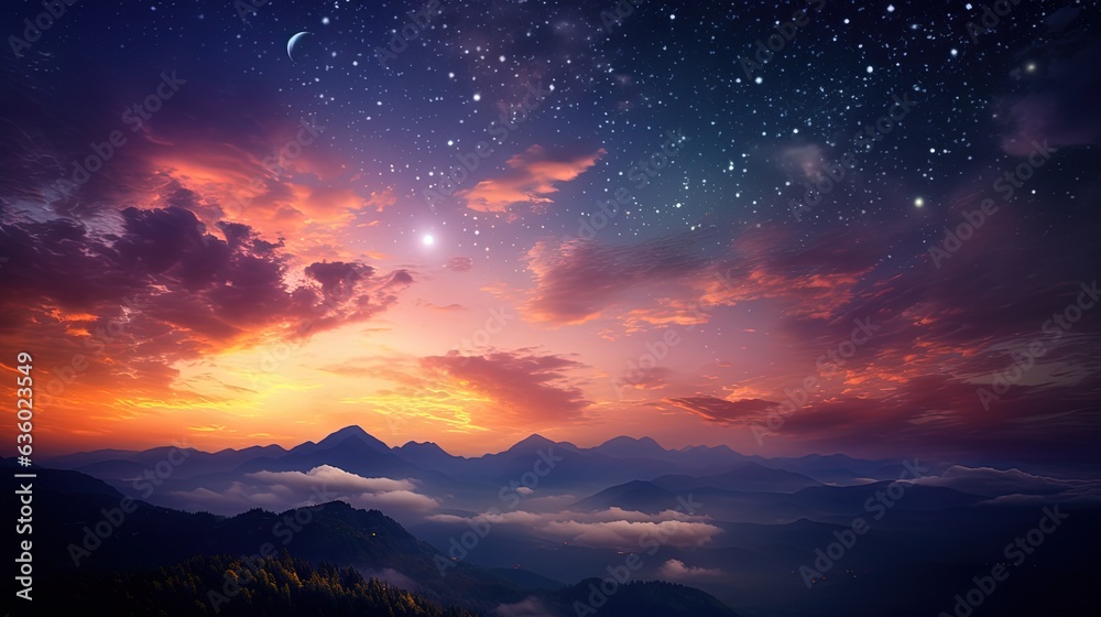Fototapeta premium Sunset clouds with fiery hues moon and stars above a mountain outline. silhouette concept