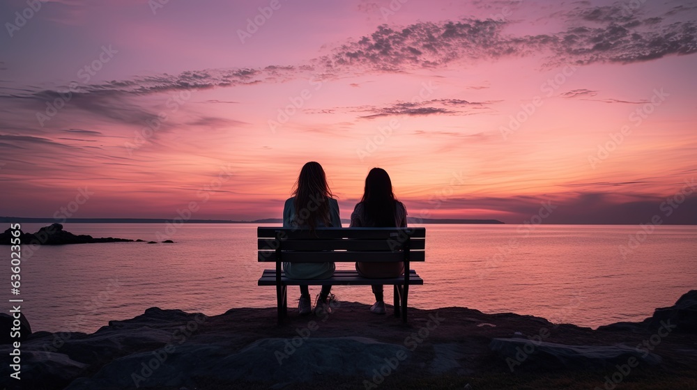 Two faceless girls sit on a bench overlooking calm water a rocky seashore and a pink sky at evening People communicate on the horizon while ships sail at sea. silhouette concept Two faceless girls sit on a bench overlooking calm water a rocky seashore and a pink sky at evening People communicate on the horizon while ships sail at sea. silhouette concept