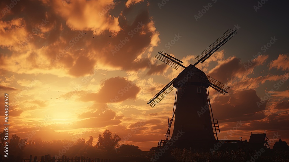Old styled windmill s silhouette amid cloudy sunset