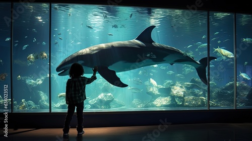 Child observing dolphin through aquarium glass. silhouette concept