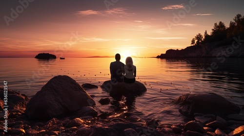 Couple embracing on beach at sunset gentle lighting serene water Seen from behind on island shore camping. silhouette concept