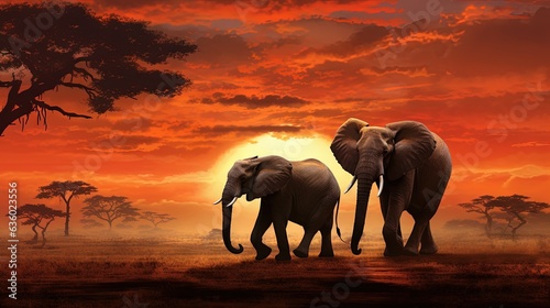  two elephants are walking in a field with a sunset in the background. generative ai