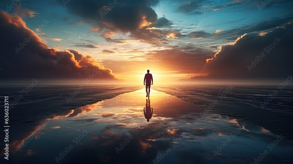 Fototapeta premium A solitary person strolling during dawn. silhouette concept