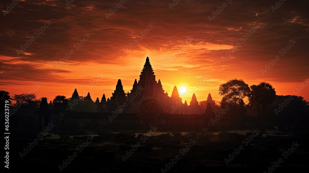 Blurred image of Prambanan Temple at sunset with noise and grain. silhouette concept