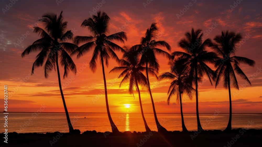 Palm trees outline in Thailand during sunset. silhouette concept