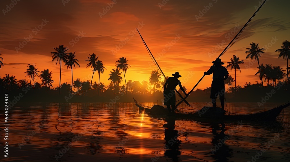Fototapeta premium Fishers outlines at sunrise in the tropics. silhouette concept
