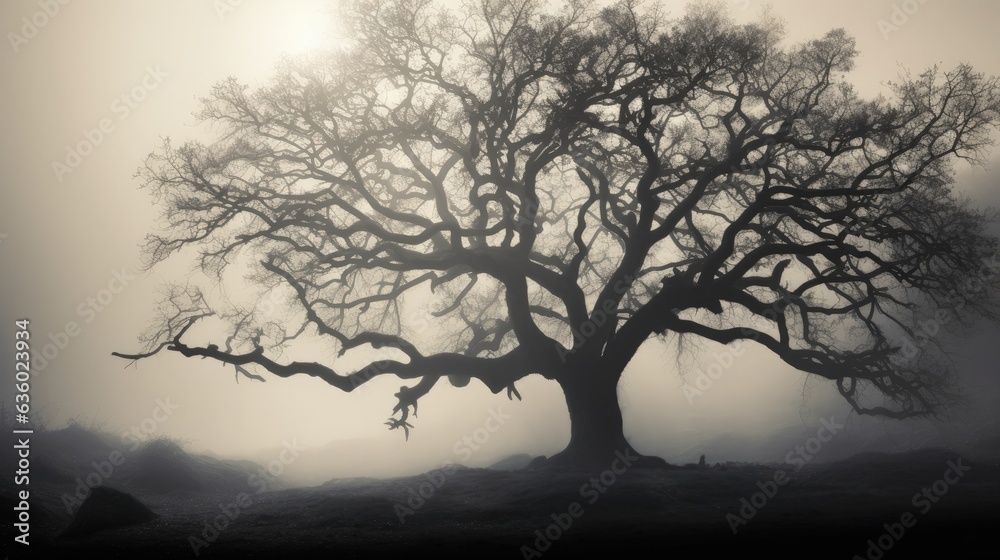 Foggy day with silhouette of an oak tree Foggy day with silhouette of an oak tree