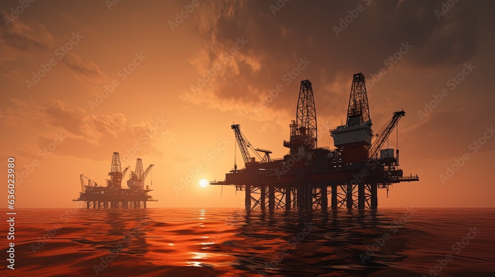 Silhouetted oil rigs against orange sky