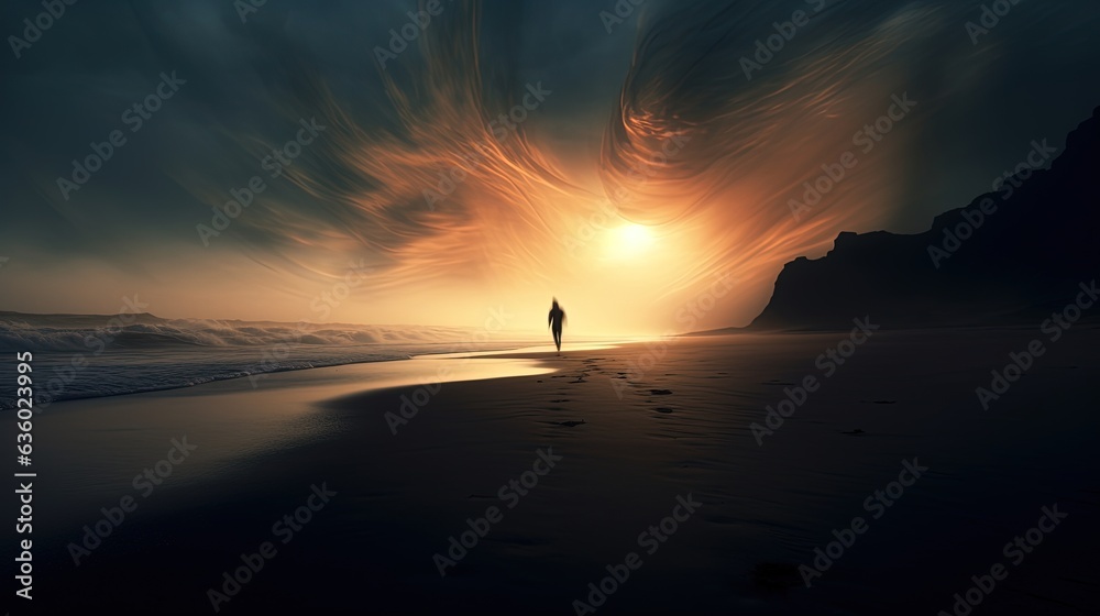 A solitary figure sprints along a desolate shore as the wind whisks sand across the beach. silhouette concept A solitary figure sprints along a desolate shore as the wind whisks sand across the beach. silhouette concept