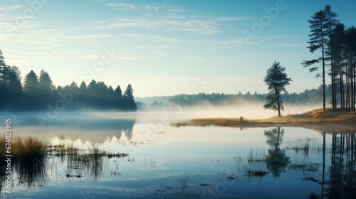 Scenic morning scenery with misty lake serene river and foggy backdrop in a gorgeous park surrounded by old bog and forested outlands with a reflective pond. silhouette concept