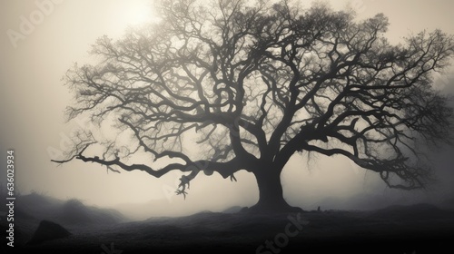 Foggy day with silhouette of an oak tree