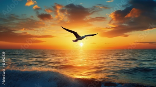 Gorgeous sea sunset with bird silhouette flying