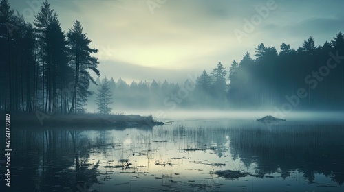 Scenic morning scenery with misty lake serene river and foggy backdrop in a gorgeous park surrounded by old bog and forested outlands with a reflective pond. silhouette concept