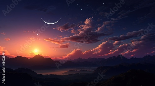 Sunset clouds with fiery hues moon and stars above a mountain outline. silhouette concept