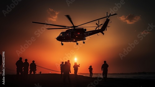AirForce showcases rescue demonstrations during Bulgarian air show lifeguard on helicopter with stretcher ready to descend. silhouette concept