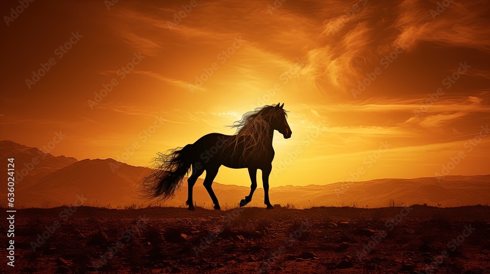 Sepia toned silhouette of Arabian horse grazing beneath sun Sepia toned silhouette of Arabian horse grazing beneath sun