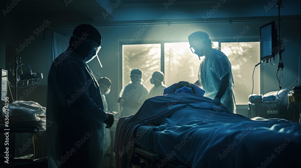 Bedside medical team in the CCU blurred background. silhouette concept Bedside medical team in the CCU blurred background. silhouette concept