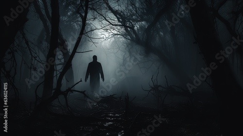 Eerie ghost in horrifying wooded scenery. silhouette concept