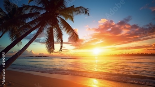 Gorgeous beach with palm tree at sunrise perfect for vacation. silhouette concept