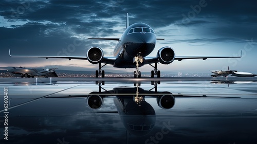 Luxury private jet parked on tarmac with ample space above. silhouette concept