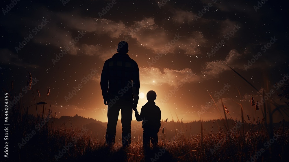Father and son in a mysterious field illuminated by a light. silhouette concept
