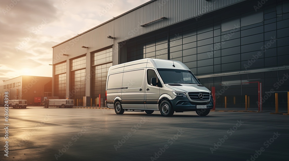 Cargo bus waiting for loading at logistic center while delivery minivan prepped for route. silhouette concept