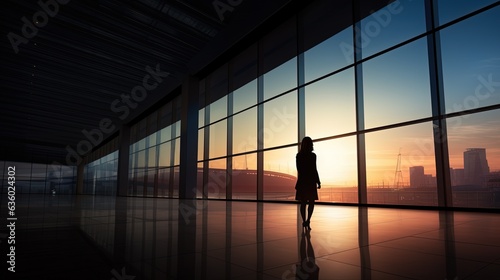 silhouetted young woman walking in office building