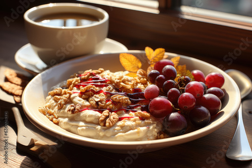 Plate of warm oatmeal topped with nuts and fruits. Generative Ai.