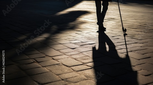 Limping person with cane shadow on ground Symbolizing disability old age blindness intense life. silhouette concept