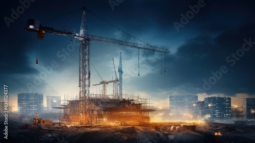 Crane with bright lights on an unfinished nighttime construction site. silhouette concept © HN Works