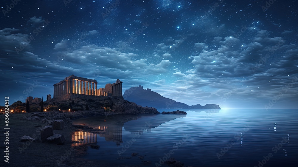 Poseidon s temple under a night sky filled with stars. silhouette concept