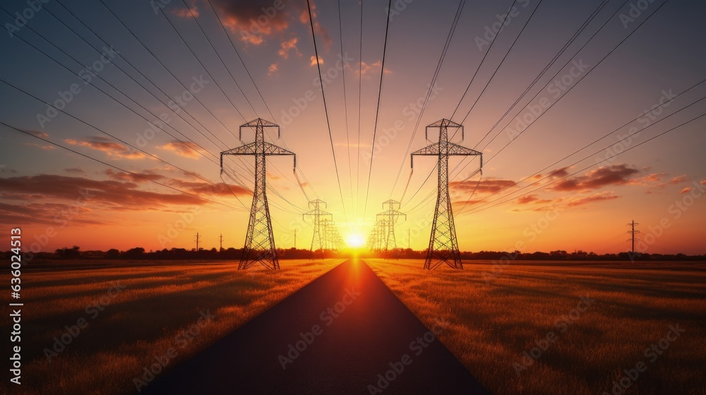 Sun charging from power lines at sunset in the Pampas Argentina. silhouette concept